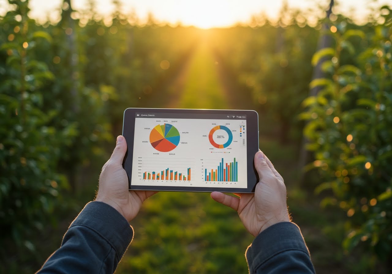 A tablet showing analytics dashboards in an orchard