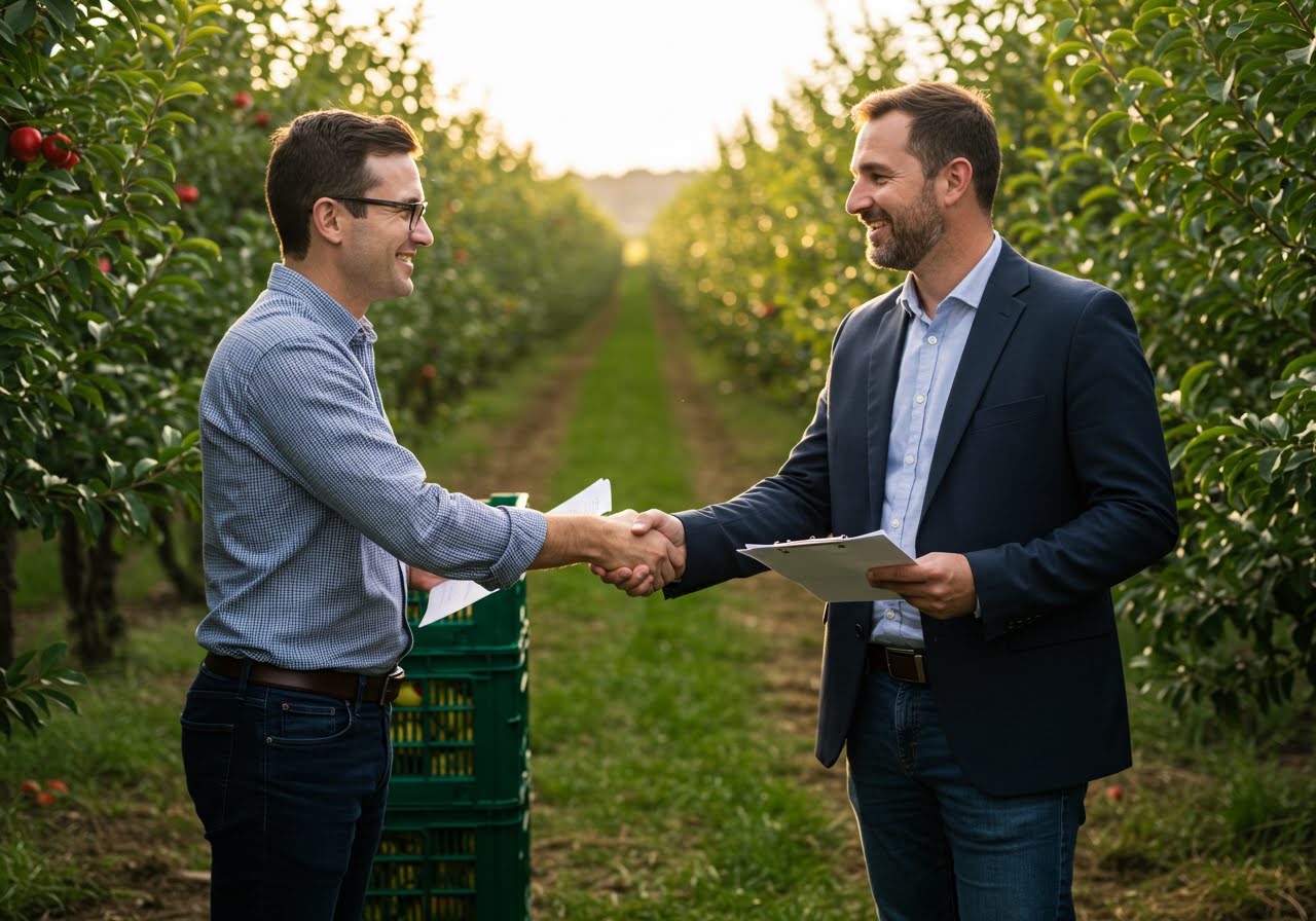 A grower and a buyer shaking hands at the farm