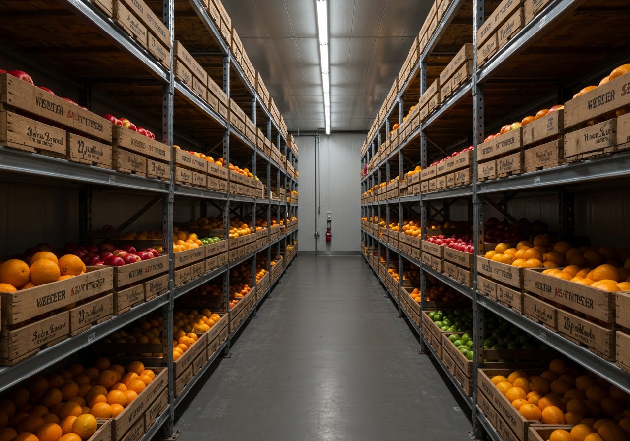 Cold-storage warehouse stacked with crates of fruit